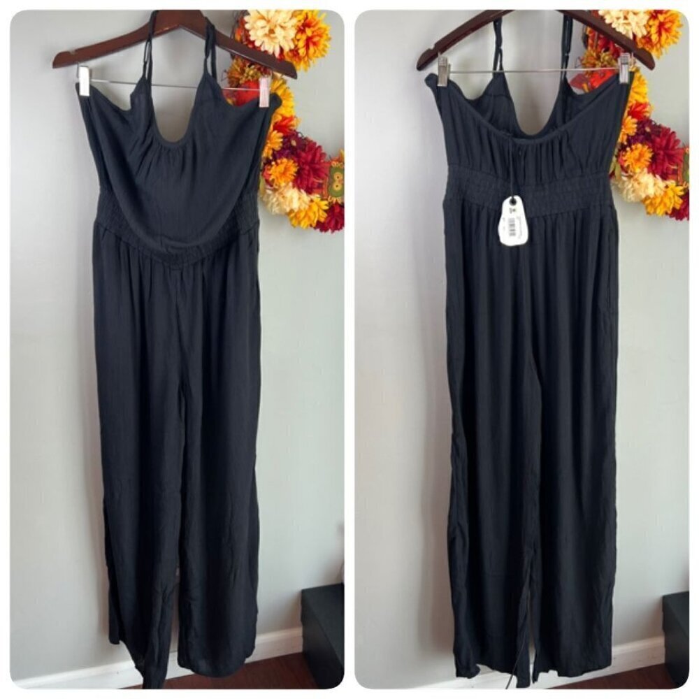 prAna Womens Fernie Wide Leg Coverup Jumpsuit in Black